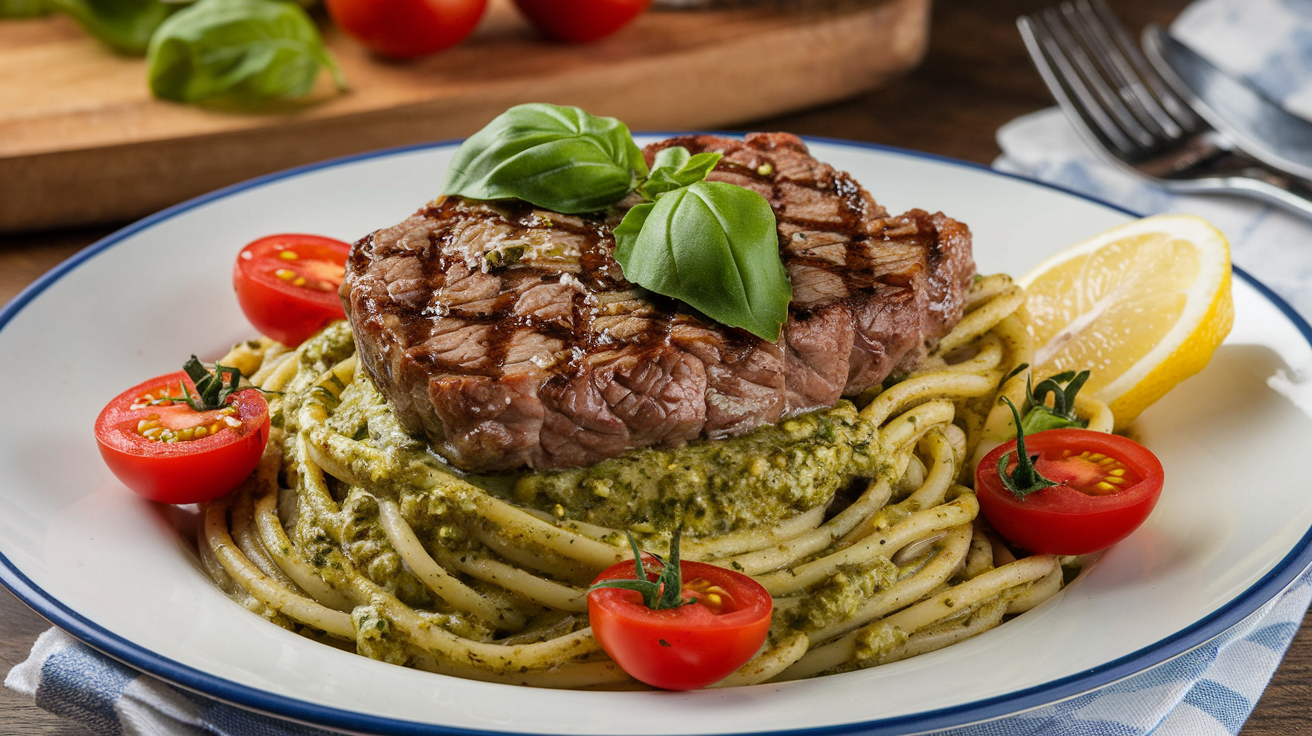 steak and pesto linguine